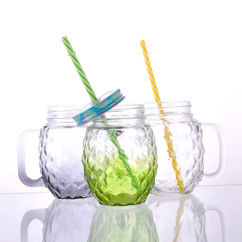 16 Oz Drinking Jar Mug Glasses with Handles Straws Lids Colorful Pineapple Shaped Reusable Drinking Glass