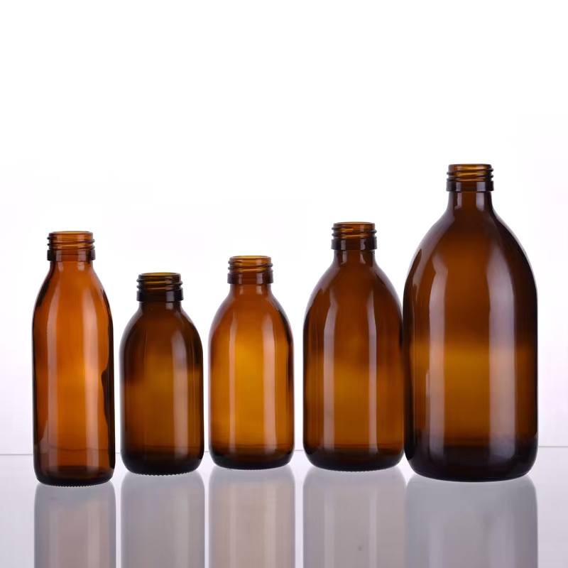 Empty Amber Brown Glass Syrup Bottles