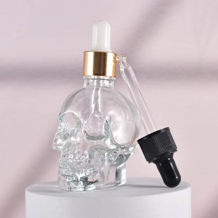Unique 50ml Empty Skull Essential Oil Bottle Glass Dropper Bottle