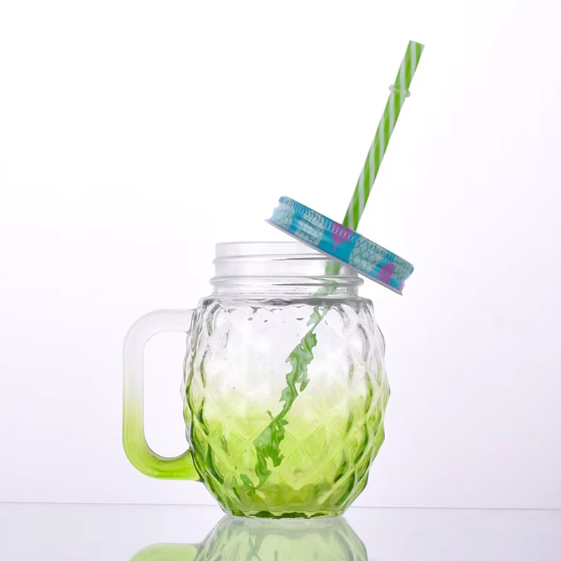 16 Oz Drinking Jar Mug Glasses with Handles Straws Lids Colorful Pineapple Shaped Reusable Drinking Glass