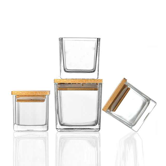 Cheap 80ml 120ml 200ml 300ml Empty Square Candle Jars Clear with Nature Wooden Cork Lid