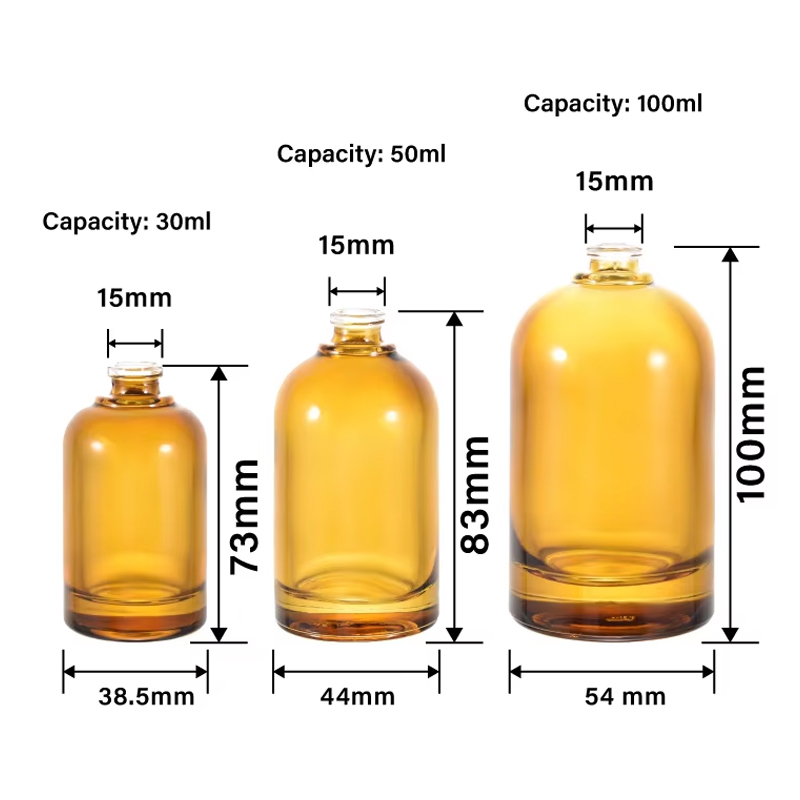 Wholesale Custom Logo 30ml 50ml 100ml Amber Round Empty Glass Perfume Bottles with wooden Cap