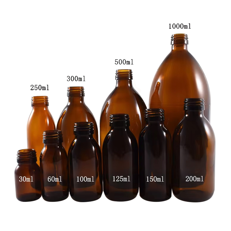 Empty Amber Brown Glass Syrup Bottles