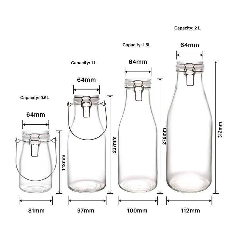 0.5L 1L 1.5L 2L Kitchen Food Glass Storage Jar Airtight Glass Jars with Glass Lid Rubber