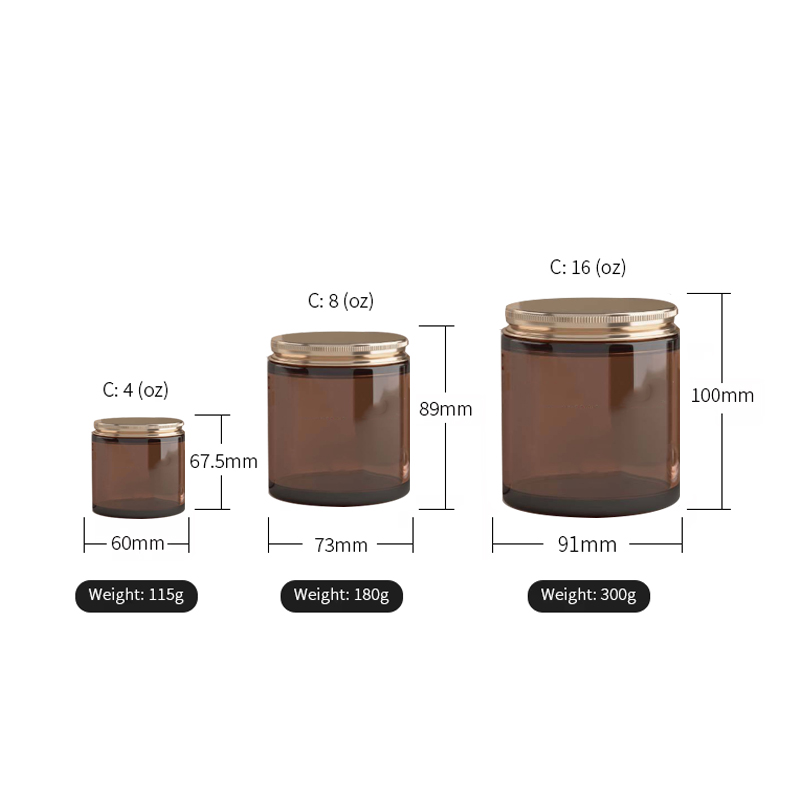 4oz 8oz 16oz Amber Luxury Empty Straight Sided Glass Candle Jar with Metal Aluminum Lids