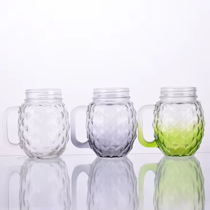 16 Oz Drinking Jar Mug Glasses with Handles Straws Lids Colorful Pineapple Shaped Reusable Drinking Glass