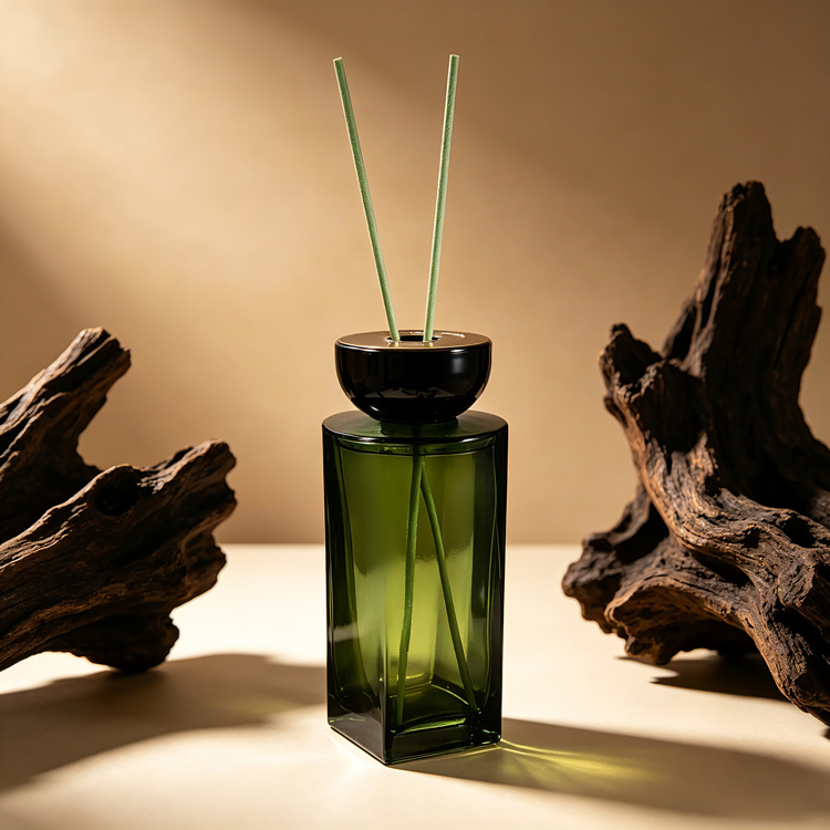 Premium Green Square Glass Reed Diffuser Bottle with Black Cap Custom Aromatherapy Diffuser Bottle for Home Fragrance